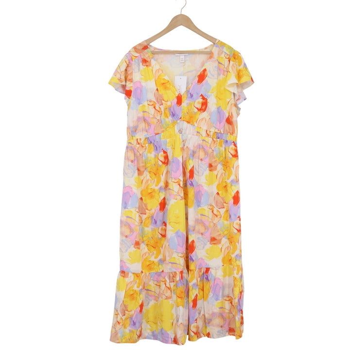 Isabel Maternity Floral Flutter Sleeve Tiered Midi Dress XXL Yellow Multi NWT