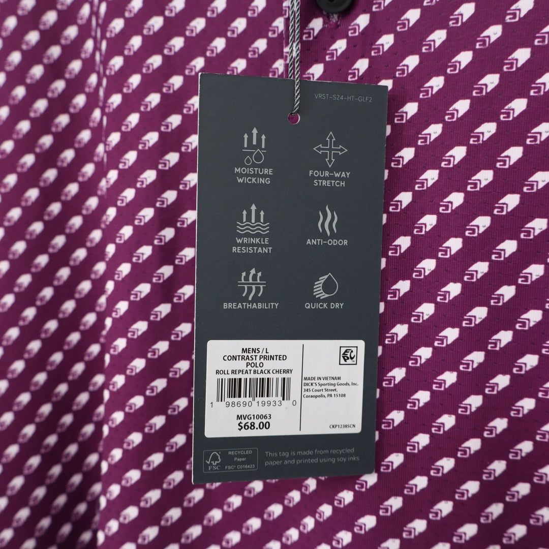 VRST Mens Contrast Printed Polo Roll Repeat Black Cherry Golf Shirt Large