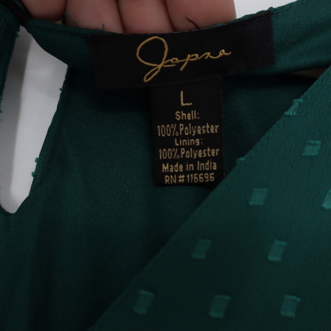 Japna Emerald Green Clip Dot Tiered Mini Dress V-Neck Long Sleeve L