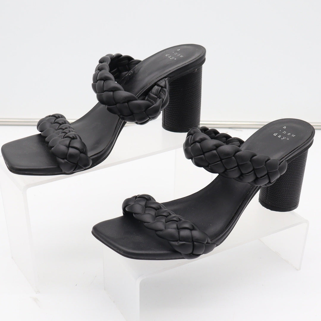 A New Day Womens Black Braided Double Strap Block Heel Mule Sandals Size 9