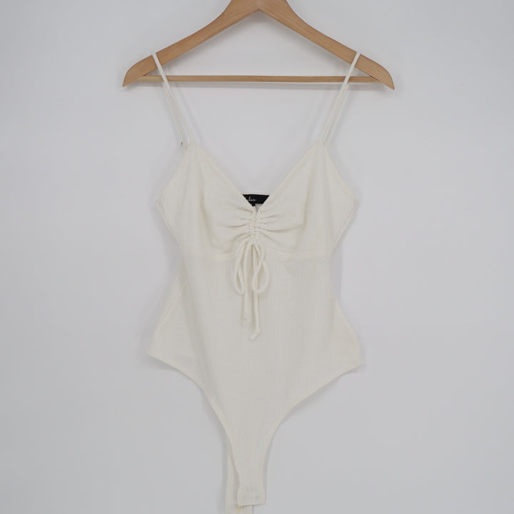 Lulus Bodysuit Women Medium White Stretch Knitted Split-Neck Spaghetti Strap