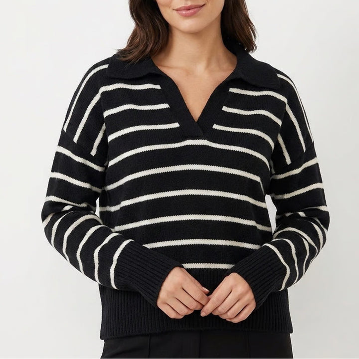Simply Vera Vera Wang Black White Striped Polo Collar Sweater XL Cashmere Blend