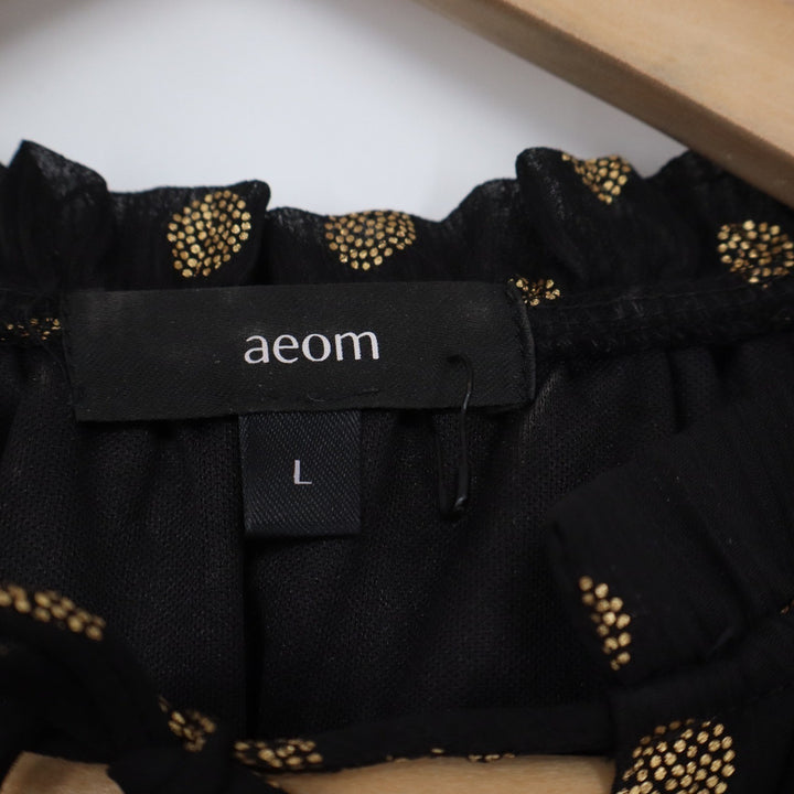 Aeom Black Gold Metallic Polka Dot Smocked Tiered Mini Dress Large