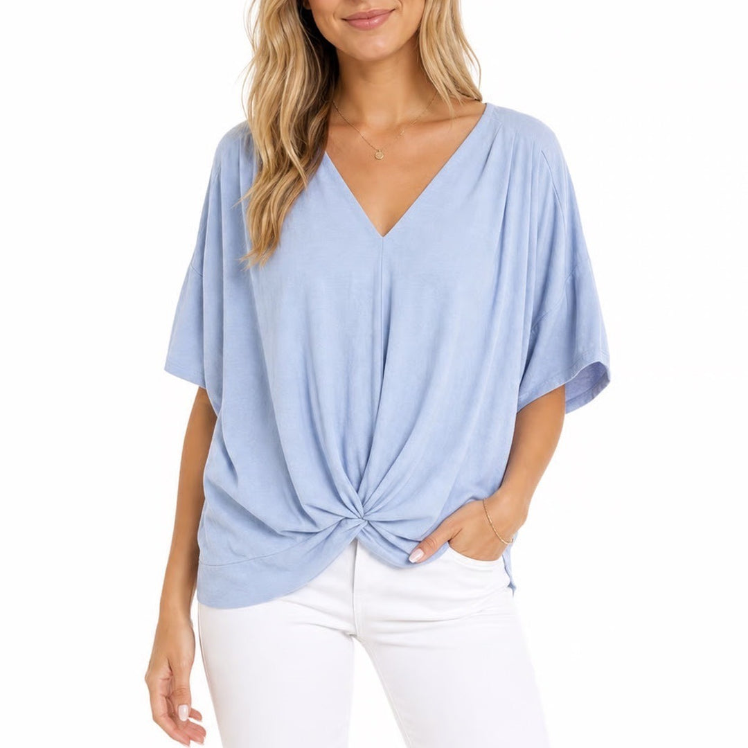 Light Blue V-Neck Twist Front Knot Relaxed Fit Blouse Top Size M