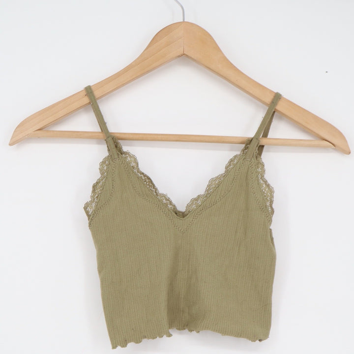 Olive Green Ribbed Lace Trim Cropped Camisole V-Neck Adjustable Straps Top