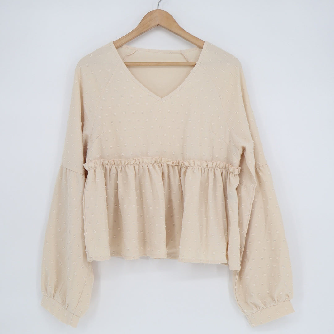 Shein Cream Beige Swiss Dot Peplum Blouse V-Neck Long Sleeve Top Large
