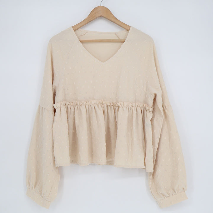 Shein Cream Beige Swiss Dot Peplum Blouse V-Neck Long Sleeve Top Large