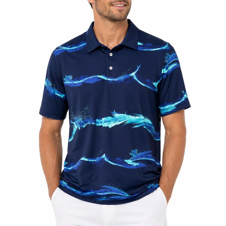 Scales Gear Marlin Strike Polo Shirt Mens Medium Navy Blue Wave Graphic