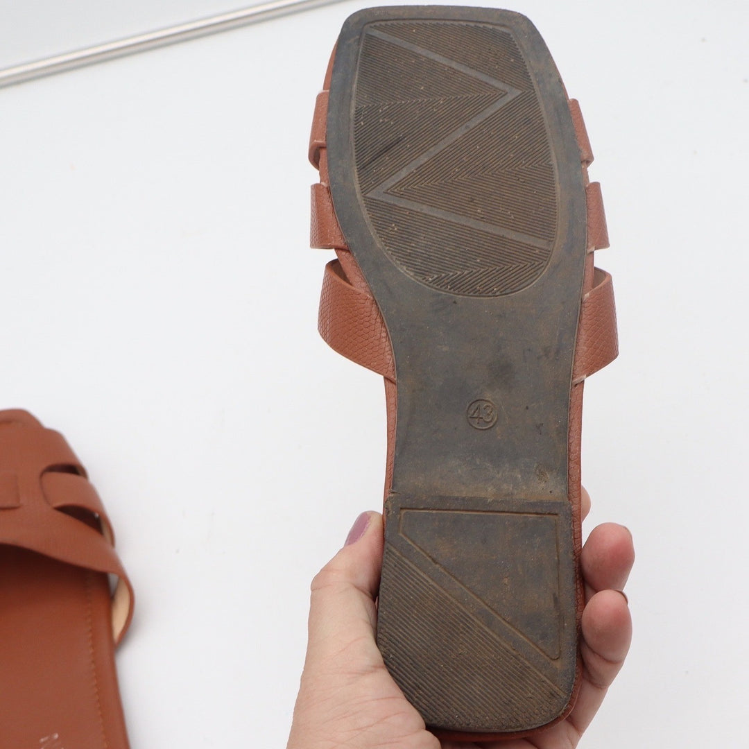 FASHION Brown Textured H-Band Flat Slide Sandals Square Toe Size 10 43 0050