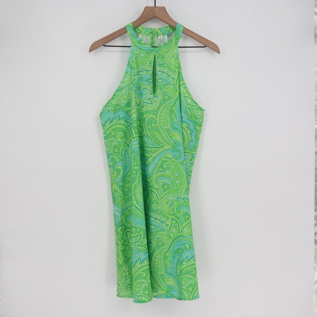 Midi Dress Womens Medium Green Blue Paisley Print Halter Neck Sleeveless