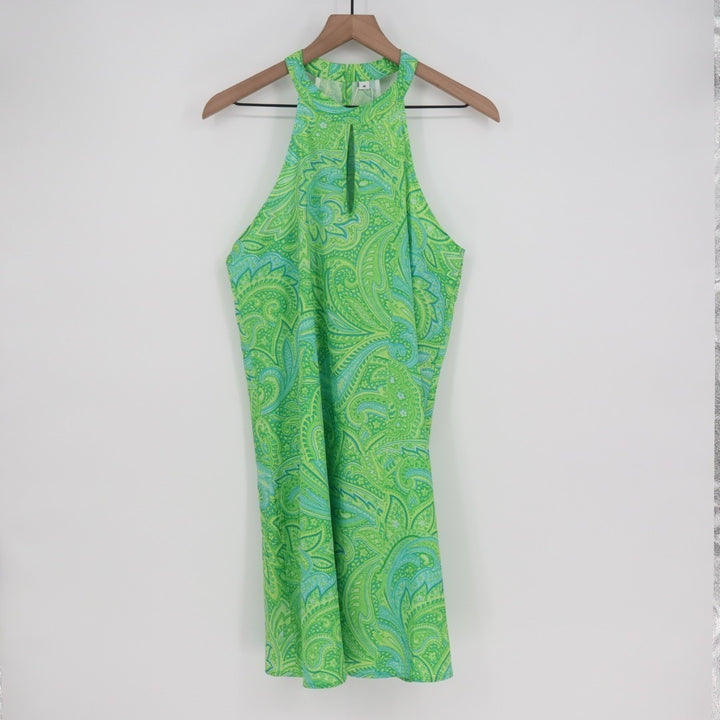 Midi Dress Womens Medium Green Blue Paisley Print Halter Neck Sleeveless