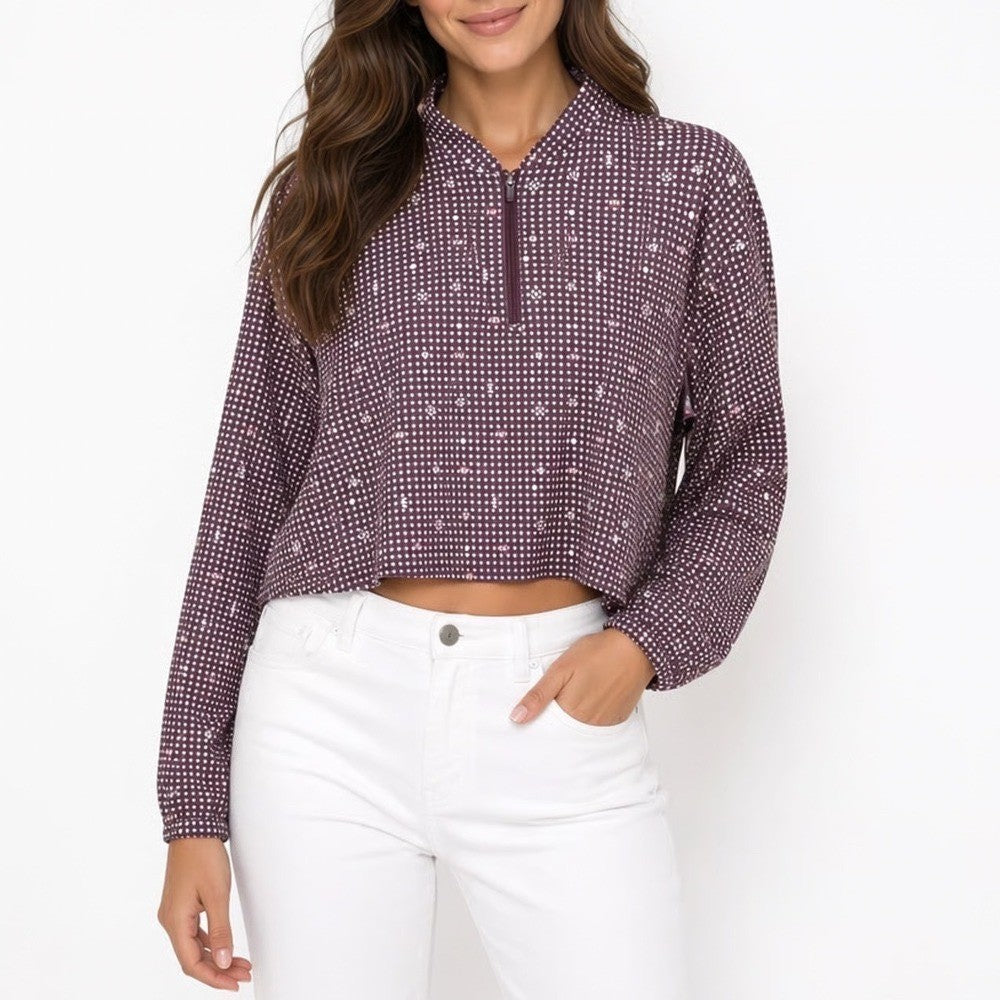 Bad Birdie Womens XS Quarter Zip Golf Pullover Burgundy Geometric Cropped Top