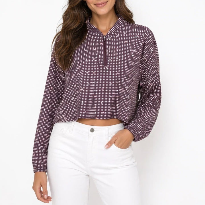 Bad Birdie Womens XS Quarter Zip Golf Pullover Burgundy Geometric Cropped Top