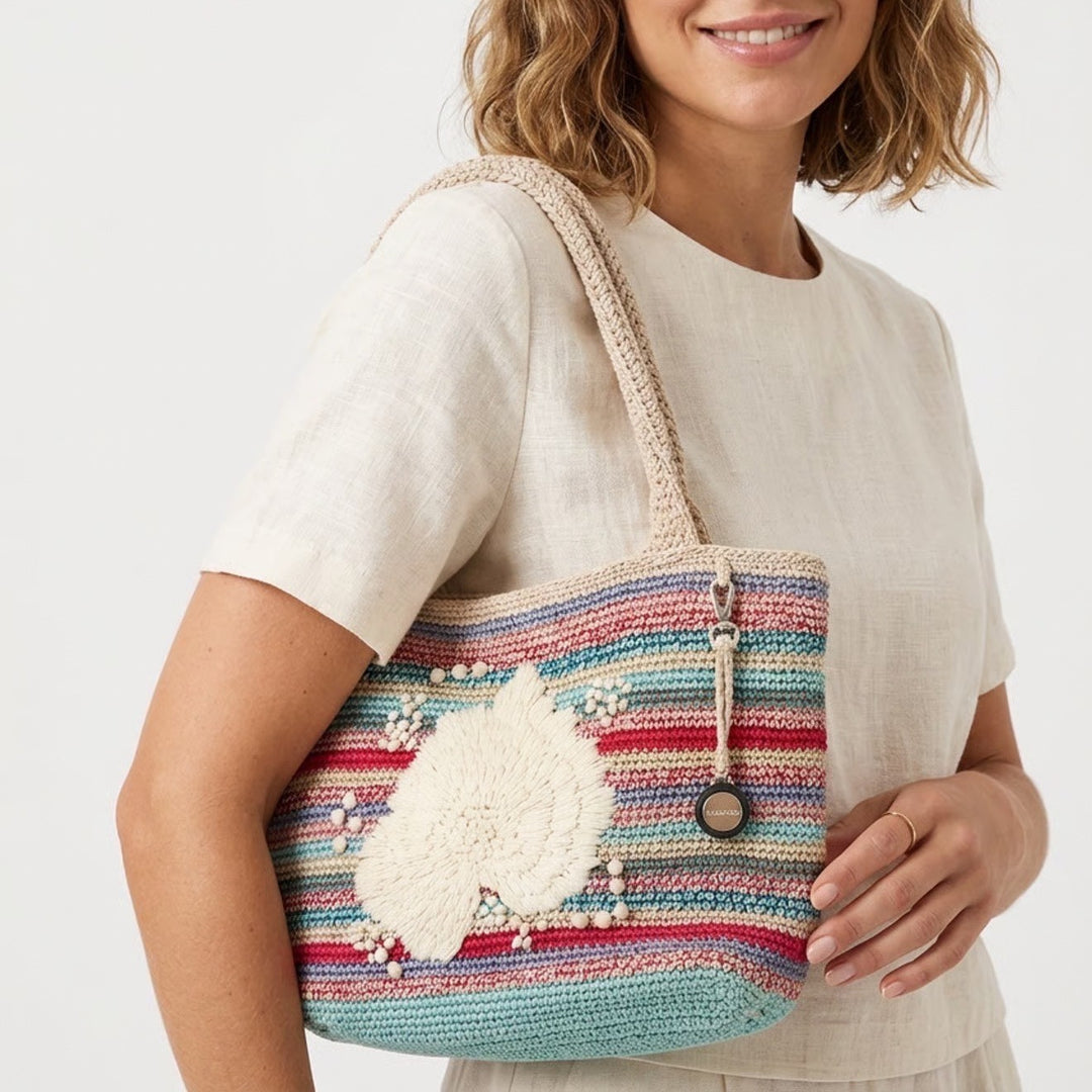 The Sak Crochet Tote Bag Multicolor Striped Floral Applique Shoulder Bag