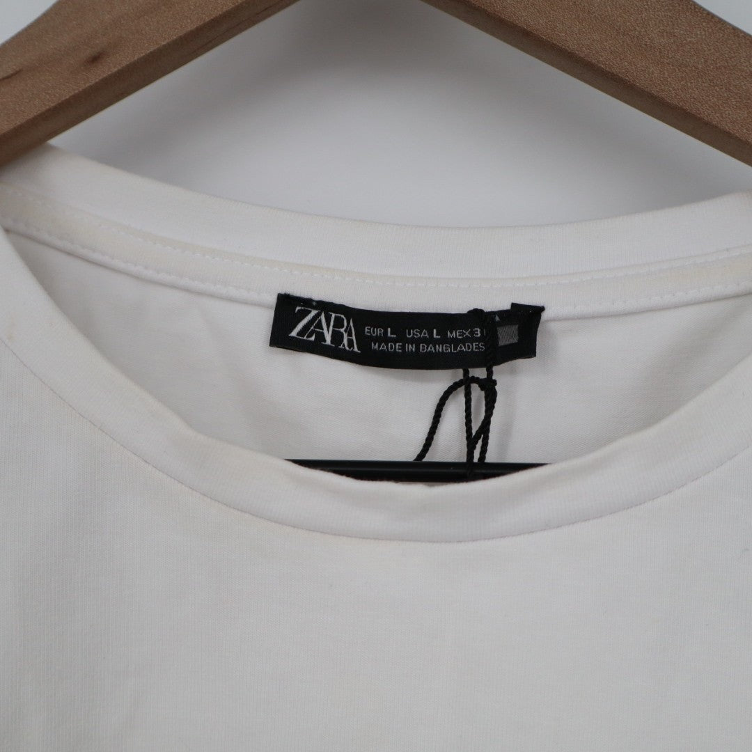 Zara Cropped T-Shirt Womens Large White Cotton Stretch Crew Neck Short Sleeve
