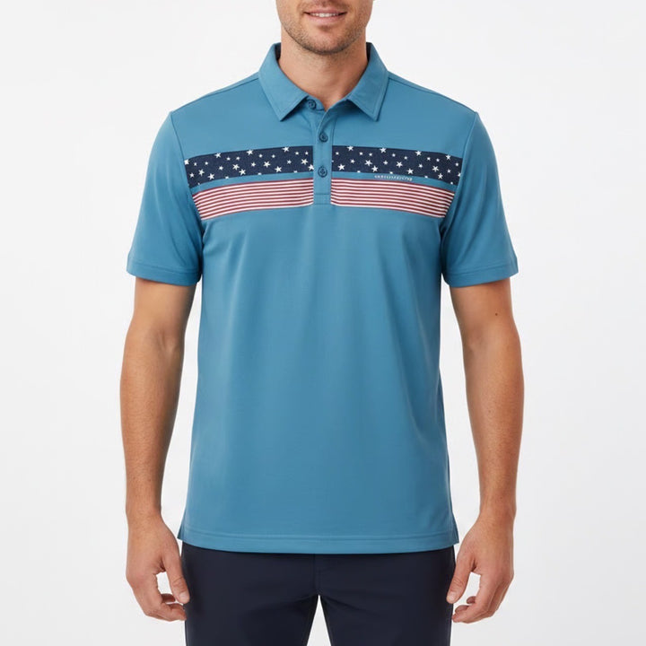 TravisMathew Good Good Patriot Blue Americana Stars Stripes Polo Shirt S