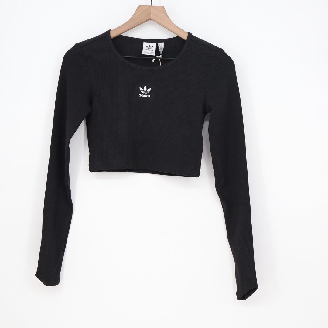 Adidas Originals Womens ESS CROP LS Black Ribbed Long Sleeve Crop Top XS