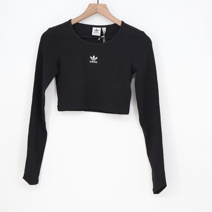 Adidas Originals Womens ESS CROP LS Black Ribbed Long Sleeve Crop Top XS