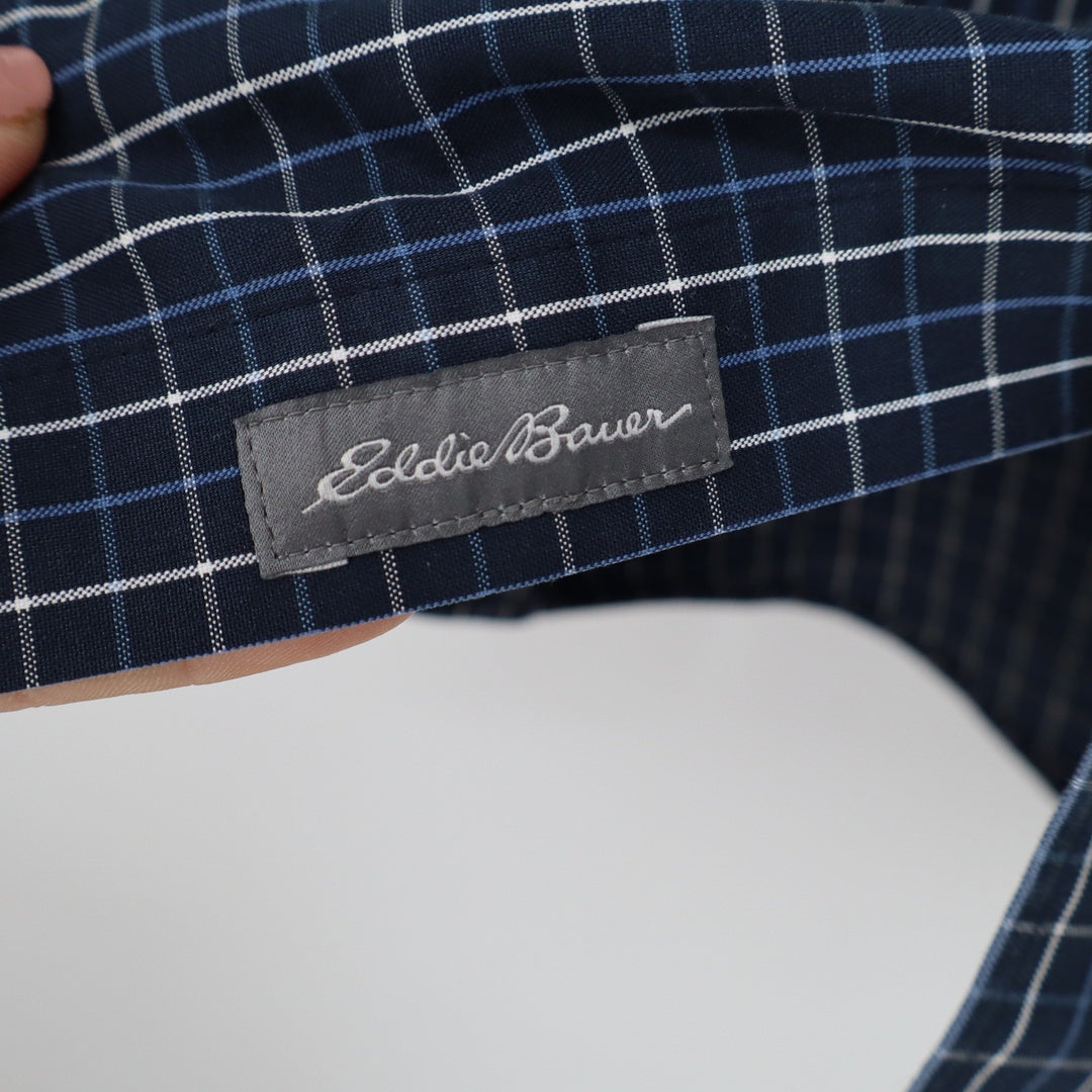 Eddie Bauer Mens XL Wrinkle Free Classic Fit Navy Blue Check Button Down Shirt