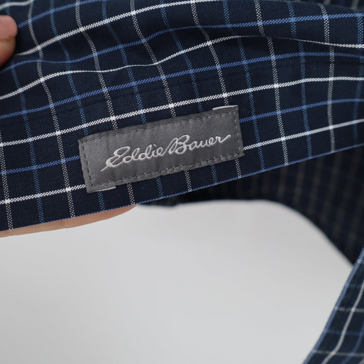 Eddie Bauer Mens XL Wrinkle Free Classic Fit Navy Blue Check Button Down Shirt