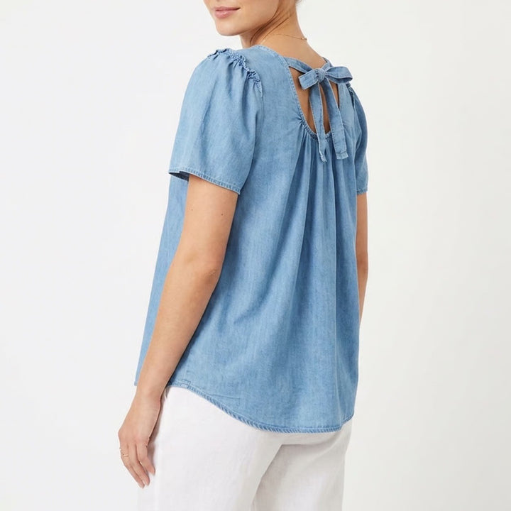 LC Lauren Conrad Blouse Womens Medium Blue Denim Pleated Short Sleeve Round Neck