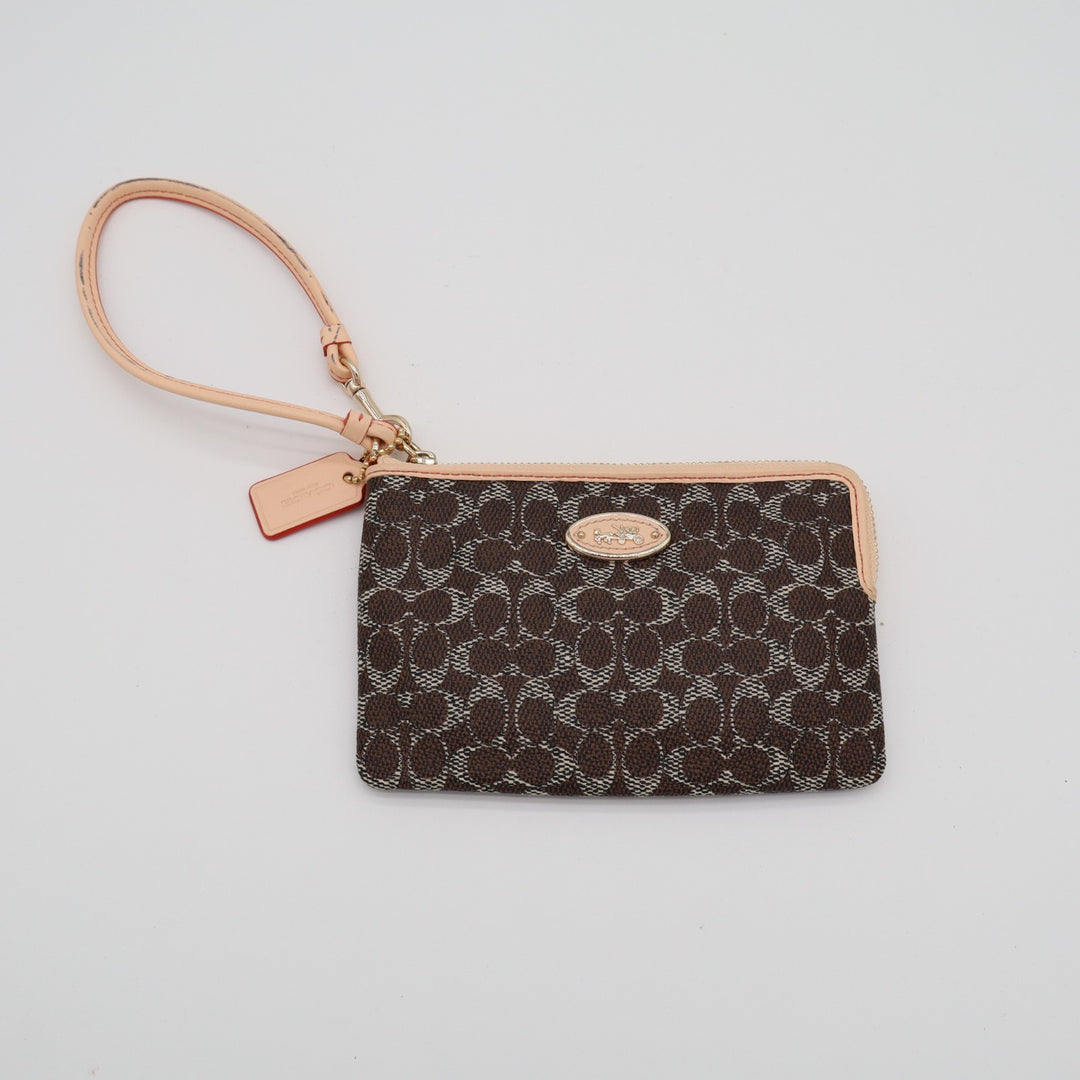 Coach Corner Zip Womens Brown Signature Canvas Inner Pockets Wristlet Wallet