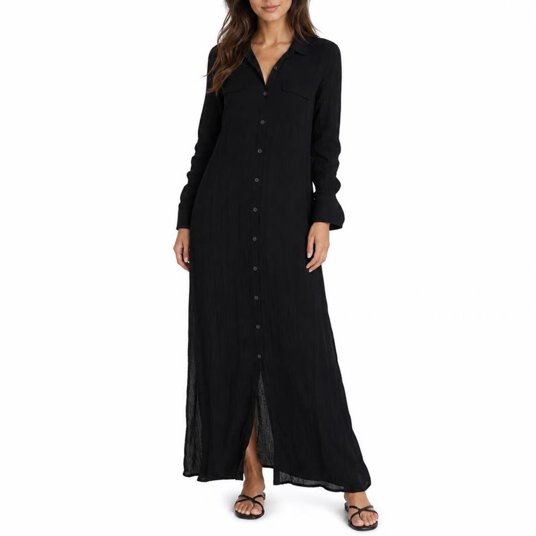 Mango Suit Black Crinkle Maxi Shirt Dress Long Sleeve Button Down Size 4