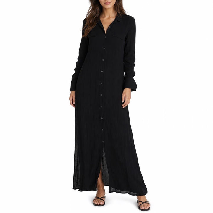 Mango Suit Black Crinkle Maxi Shirt Dress Long Sleeve Button Down Size 4