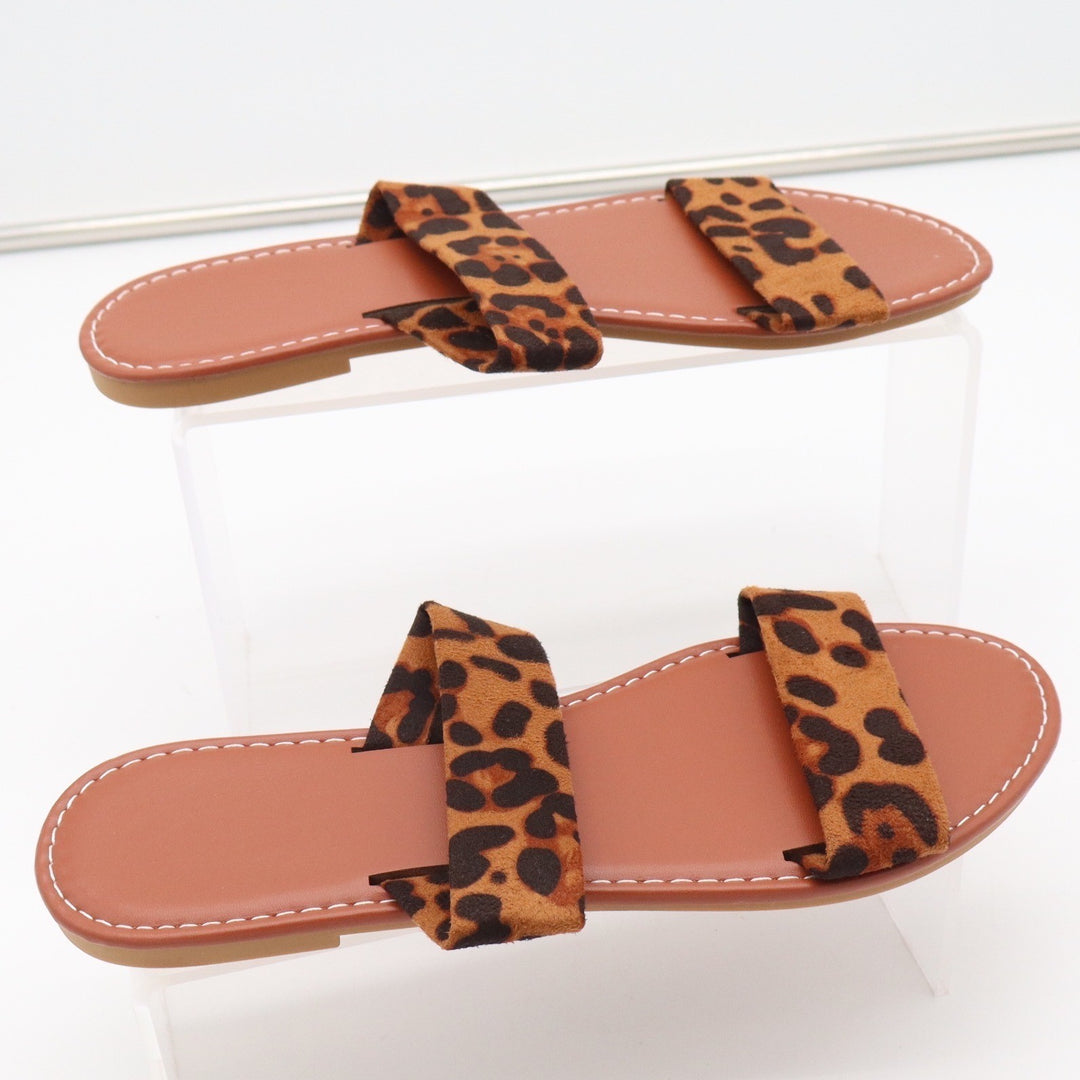 Leopard Print Double Strap Flat Slide Sandals Brown Tan Size 40