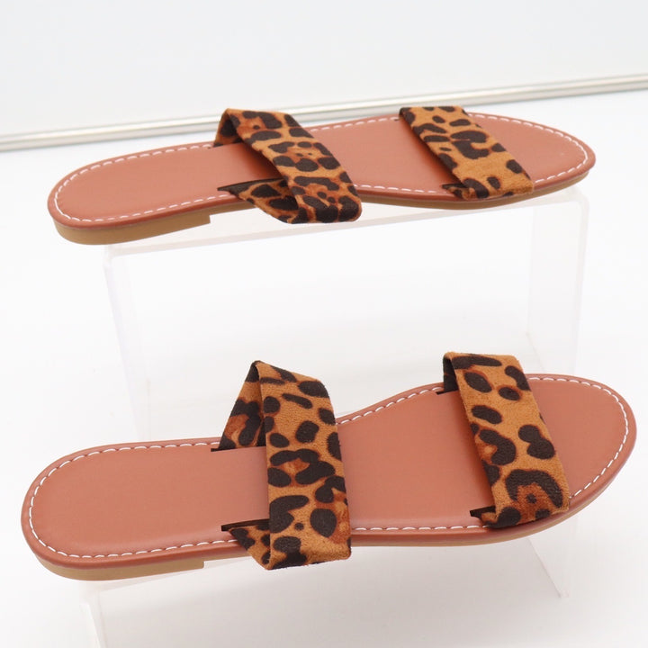Leopard Print Double Strap Flat Slide Sandals Brown Tan Size 40