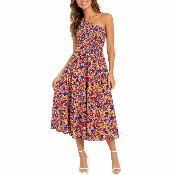 BTFBM Floral One Shoulder Smocked Tiered Maxi Dress Purple Orange Yellow Large