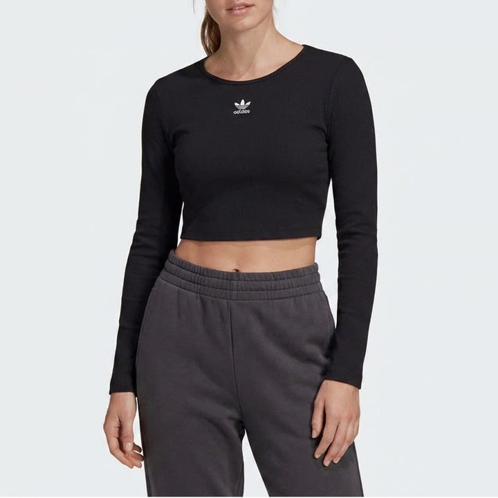 Adidas Originals Womens ESS Crop LS Black Ribbed Long Sleeve Top Size S