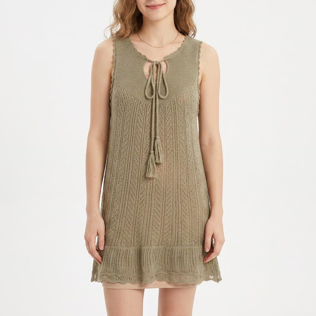 Jasmine KC Tan Mohair Wool Blend Open Knit Tie Front Tassel Tunic Sweater M