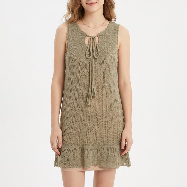 Jasmine KC Tan Mohair Wool Blend Open Knit Tie Front Tassel Tunic Sweater M