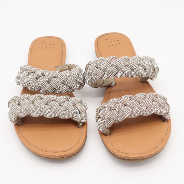 A New Day Slide Sandals Womens 8 Braided Rhinestone Silver Tan Flat Excellent