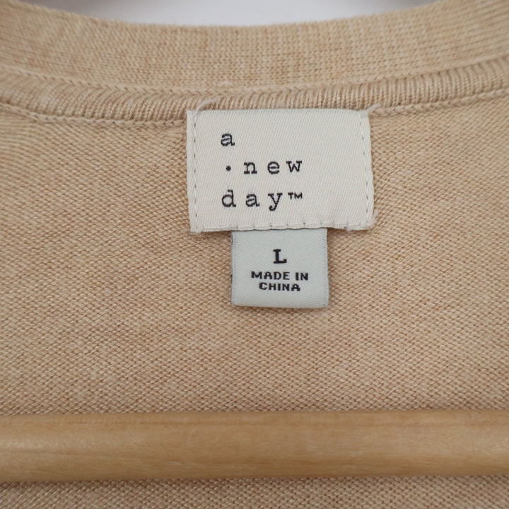 A New Day Tan Open Front Cardigan Sweater Womens Large Beige Longline Side Slit