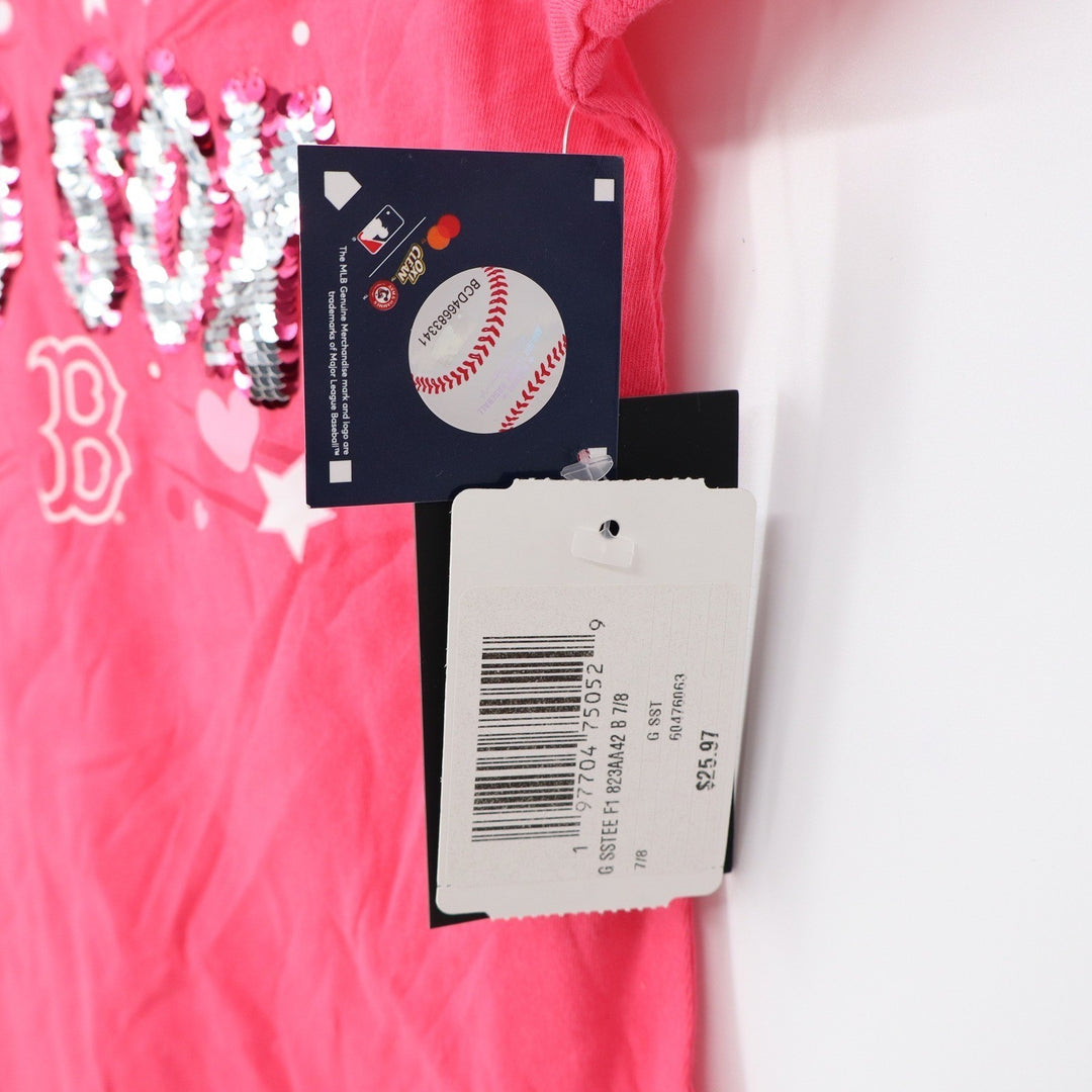 New Era Boston Red Sox Girls Pink Sequin V-Neck T-Shirt Size 7/8 MLB New