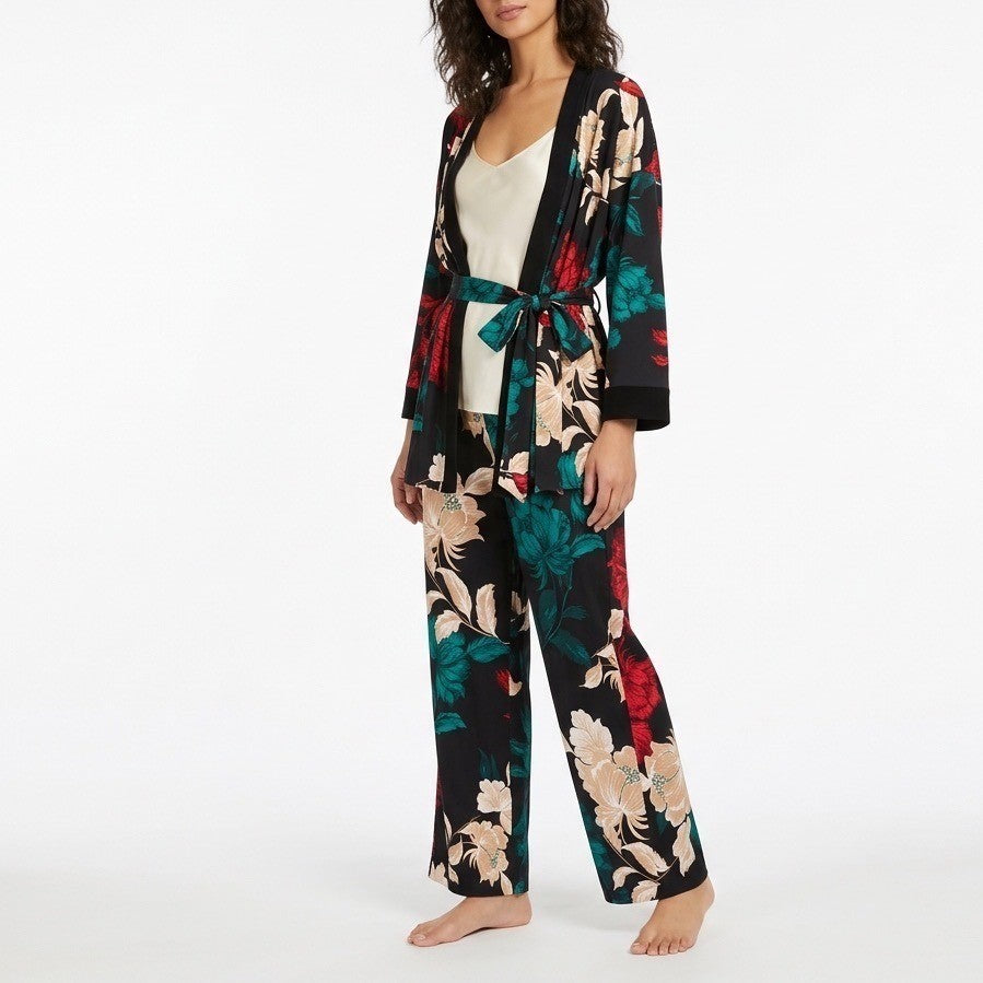 Linea Donatella Set Women XL Black Red Floral Wrap Kimono Cardigan & Pants