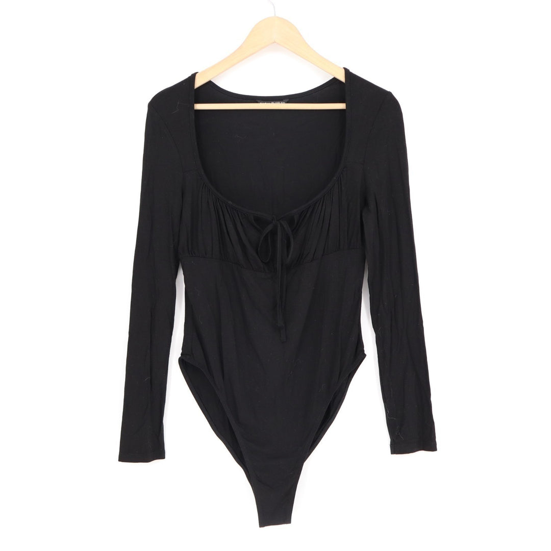 Shein Bodysuit Womens Large Black Stretch Rib Knit Pleated Split Neck One Piece