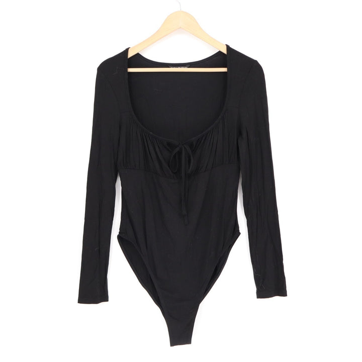 Shein Bodysuit Womens Large Black Stretch Rib Knit Pleated Split Neck One Piece
