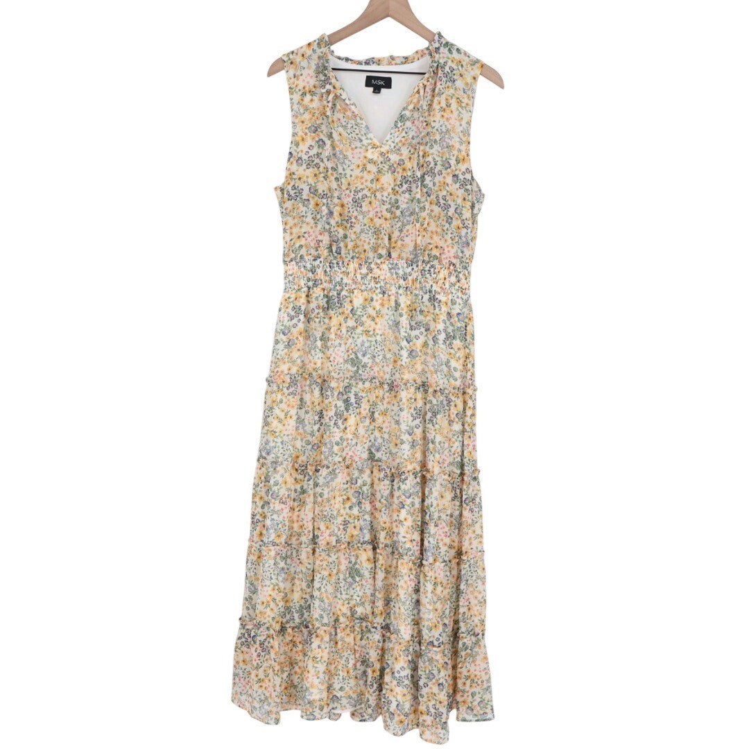 MSK Womens Floral Tiered Maxi Dress Size L Sleeveless V Neck