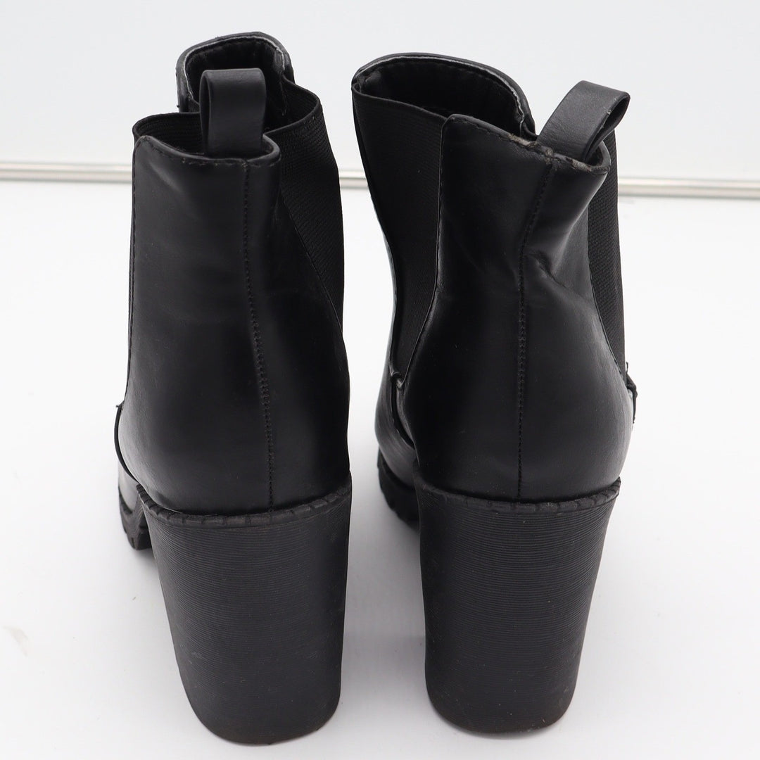 Black Faux Leather Block Heel Lug Sole Chelsea Ankle Boots Womens Size 9