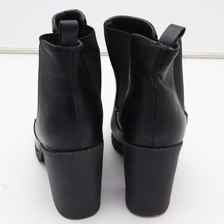 Black Faux Leather Block Heel Lug Sole Chelsea Ankle Boots Womens Size 9