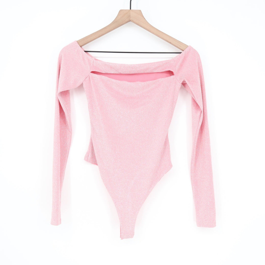 Naked Wardrobe Pink Shimmer Cutout Off Shoulder Bodysuit Small