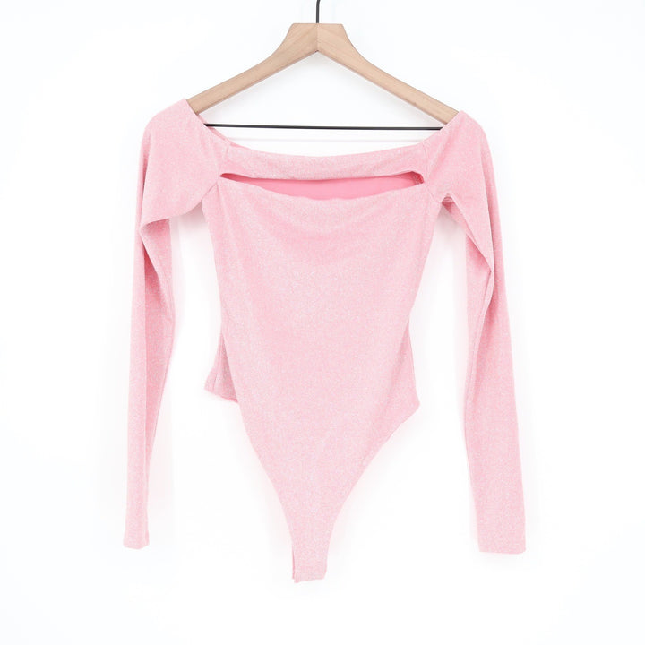 Naked Wardrobe Pink Shimmer Cutout Off Shoulder Bodysuit Small