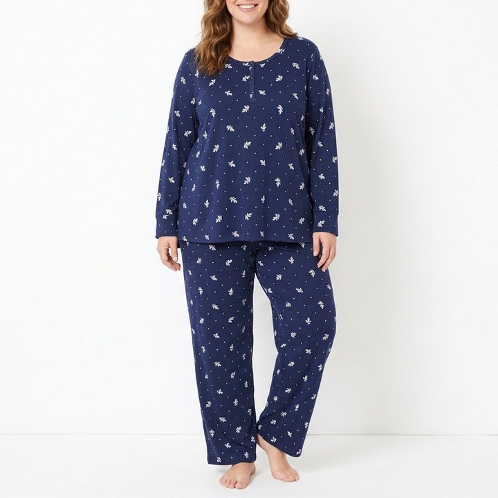 Charter Club Intimates 2-PC Pajamas Set Women 2X Blue Floral Stretch Henley Neck