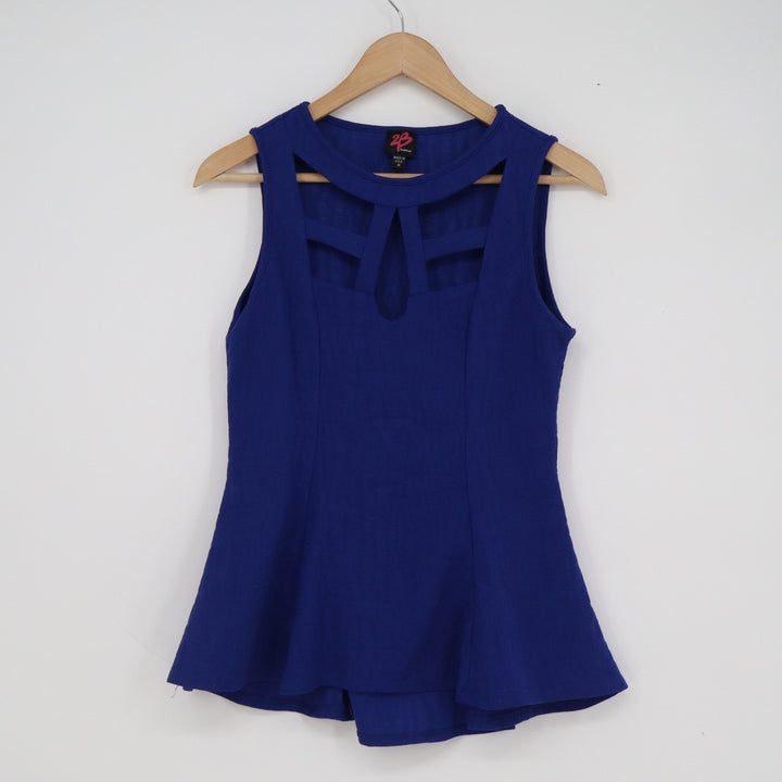 2B Bebe Womens Cutout Cage Neck Peplum Top Forbidden Blue Size M
