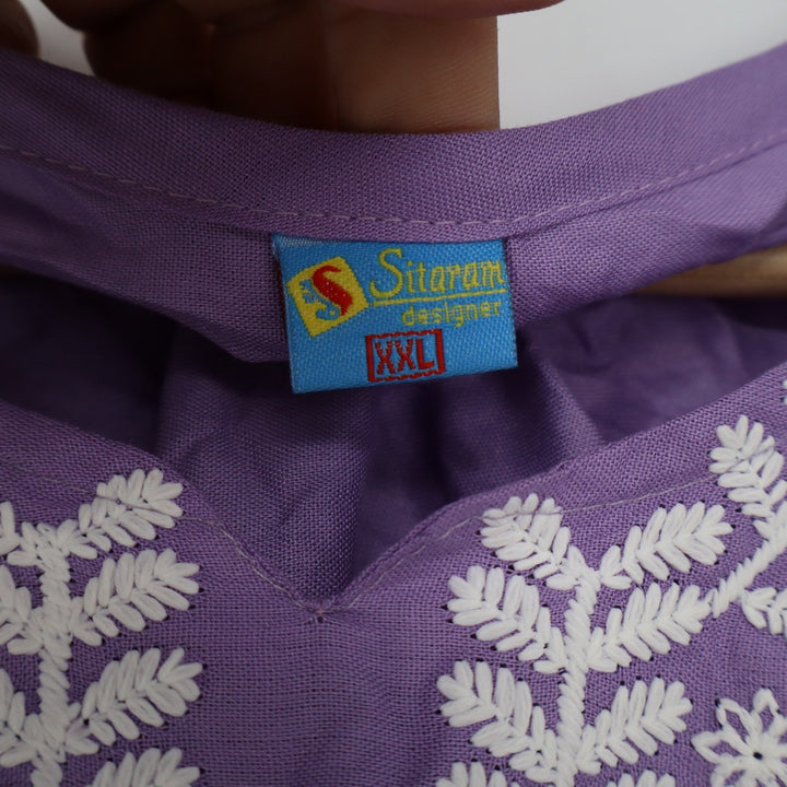 Sitaram Designer Purple Embroidered Kurti Tunic Top Womens XXL V-Neck 3/4 Sleeve