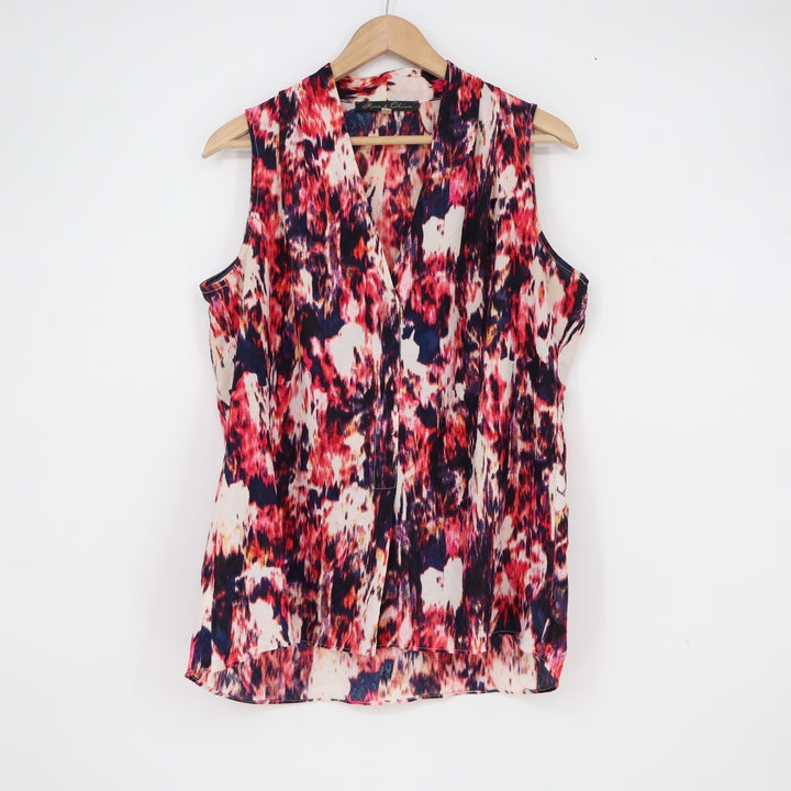 Rose & Olive Womens Pink Navy Abstract Ikat Sleeveless V-Neck Blouse Large