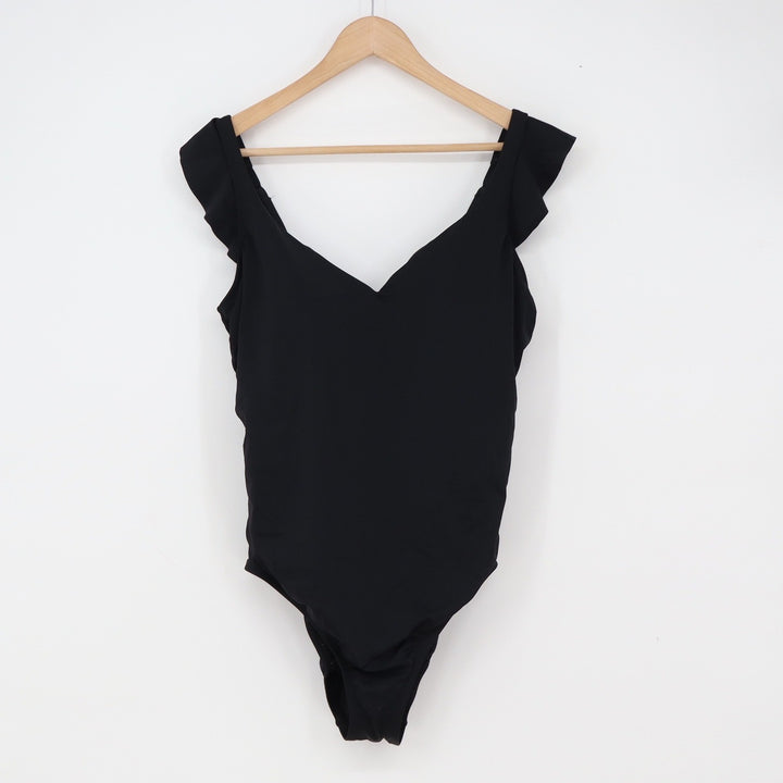 Time and Tru One Piece Womens XL Black Ruffle Trim V-Neck Swimsuit Excellent
